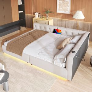 Sofá-cama daybed em linho bege 140x200 cm com LED usb e tipo c