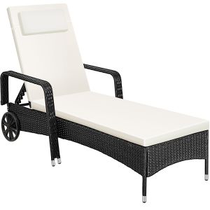 Espreguiçadeira de rattan com 6 posições, almofada e rodas preto/bege