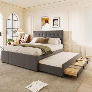 Cama articulada 140x200cm com 3 gavetas, sem colchão, cinza