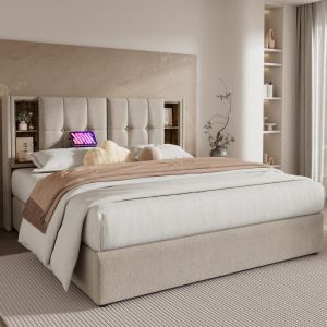 Cama 160x200cm aLGodão, carregamento sem fios usb-c, baú, natural
