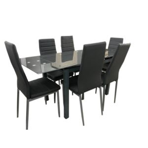 Conjunto mesa extensível de vidro 170cm + 6 cadeiras em couro sintético,