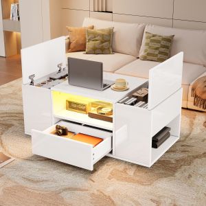 Mesa de centro com LED 1 gaveta 2 compartimentos branco 40x100x50cm