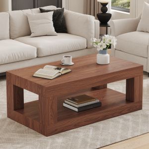Mesa de centro retangular com duas prateleiras mdf nogueira 28x104x65cm
