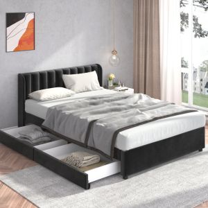 Cama de veludo 160x200cm com arrumação e 2 gavetas preto