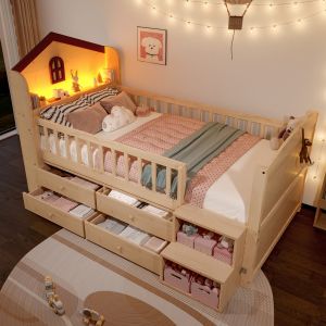 Cama infantil 90x200cm casa com arrumação pinho – natural
