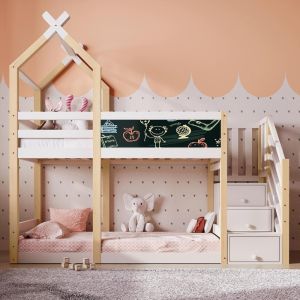 Beliche infantil 90x200 casa madeira com quadro e arrumação