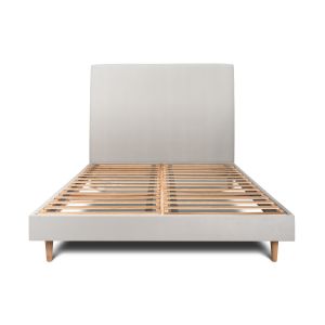 Cama de 135x190 cm com cabeceira estofada - tecido de veludo - cinzento cla
