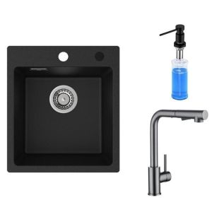 Pia de granito 40×45cm, torneira de cozinha extraível, dispensador de sabon