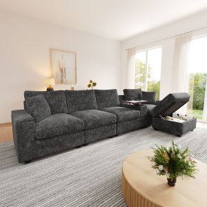 Sofá modular em l em chenille cinzento 5 lugares com arrumação e usb