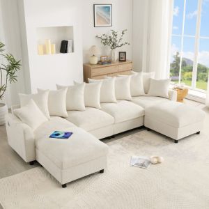 Sofá modular de canto em u ou l chenille bege 6 lugares com usb e type c