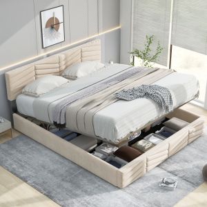 Cama estofada 140x200cm com cabeceira ajustável veludo – bege