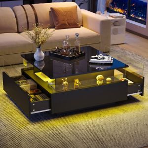 Mesa de centro com LED 2 gavetas preto 41x70x70cm