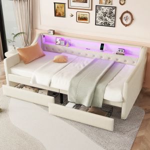 Cama multifuncional 90x200cm com LED usb e gavetas linho – cor bege