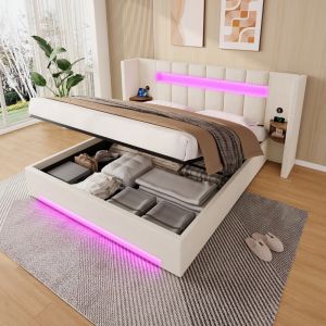 Cama estofada 180x200cm com arrumação LED usb veludo – bege