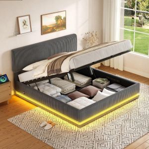 Cama estofada com LED e usb 160x200cm cinzento