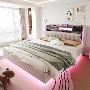 Cama estofada 160x200cm com LED e usb e arrumação linho – bege
