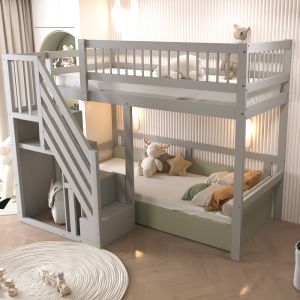 Cama infantil 90x200cm com escada e arrumação madeira cinzento