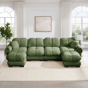 Sofá modular em u em chenille verde 4 lugares com 2 otomanas