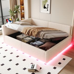 Cama estofada 140x200cm com arrumação LED e usb veludo – bege