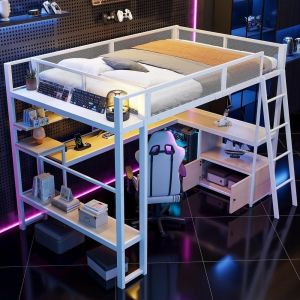 Cama loft gaming 140x200cm, secretária, LED, carregamento, branca