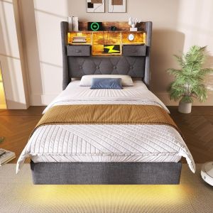 Cama 90x200cm com cabeceira arrumacao LED usb-c cinza