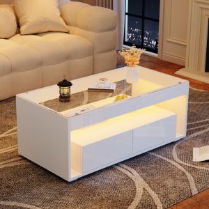 Mesa de centro com LED e 2 gavetas branco 40x100x50cm