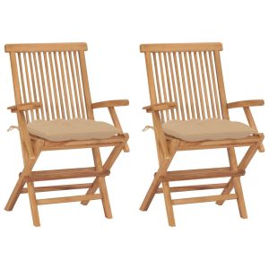 Cadeiras de jardim c/ almofadões beges 2 pcs teca maciça