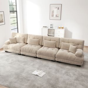 Sofá modular de canto em chenille castanho claro 4 lugares assento fundo