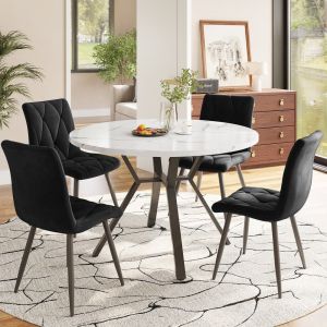 Conjunto mesa de jantar redonda com 4 cadeiras em veludo verde