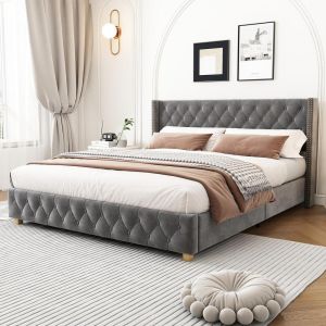 Cama 160x200cm com estrado ripado, cabeceira e pés madeira cinzenta