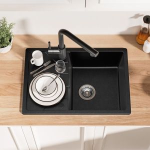 Cuba de cozinha em granito 65x45cm 1 bac preto com escorredor para armário