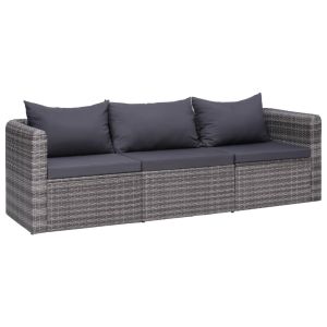 3 pcs conjunto sofás de jardim c/ almofadões vime pe cinzento