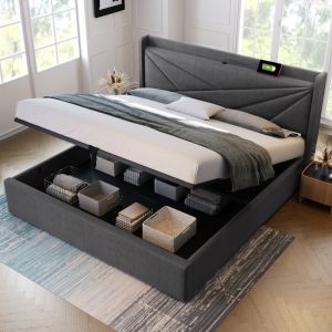 Cama estofada 140x200cm com arrumação usb tipo c linho cinzento