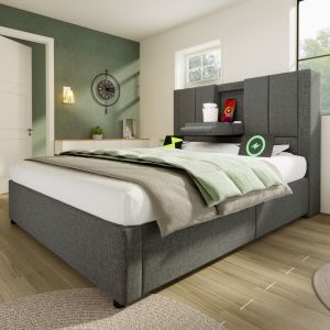 Cama estofada 90x200cm com arrumação e carregamento linho cinzento