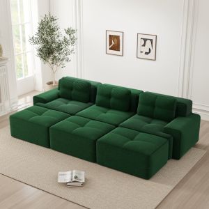 Sofá modular em l em bombazina verde 3 lugares com assento profundo