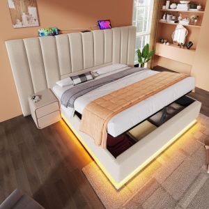 Cama 160x200cm com sommier e cabeceira LED usb-c bege