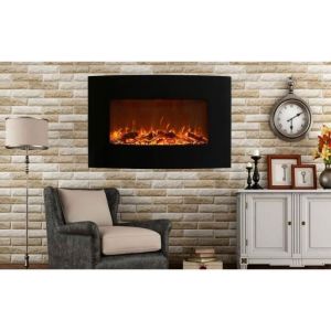 Lareira elétrica preta curva 90 cm, chama LED, 2000w, termostato e comando
