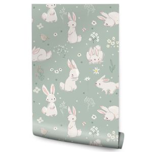 Papel de parede vilene quarto das crianças flores coelhos brancos