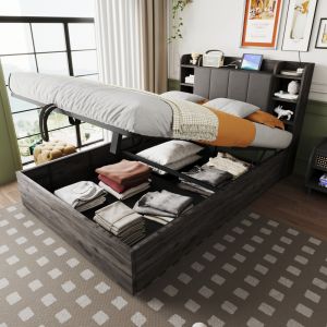 Cama com arrumação 140x200cm elevatória com usb mdf – cinzento