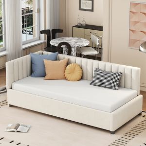 Sofá-cama estofado em veludo bege 90x200 cm com estrado