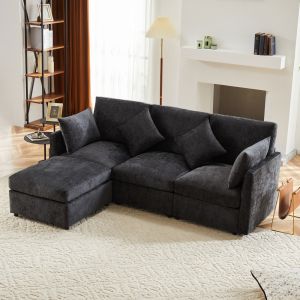 Sofá de canto modular em chenille cinzento 3-4 lugares com otomana
