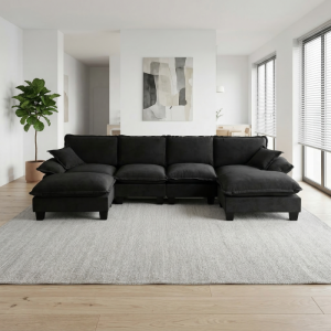 Sofá modular em u em chenille preto 6 lugares com otomana