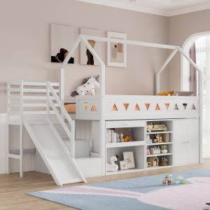 Cama infantil com escorrega e arrumação madeira branca 90x200cm