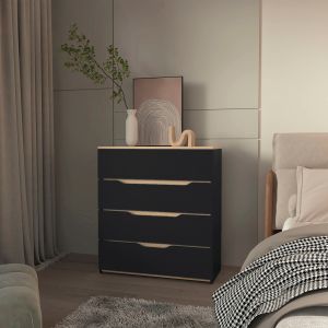 Cómoda zoe em melamina com quatro gavetas e calhas metálicas.