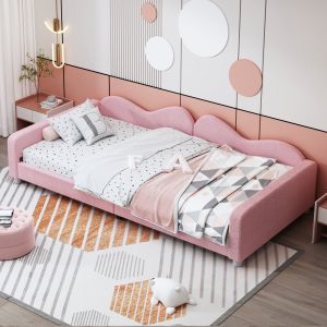 Cama estofada infantil 90x200cm com sofá cama e arrumação tecido teddy rosa