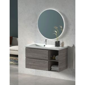 Mueble de baño zeus con lavabo centrado y espejo LED fresno tea 90 cm