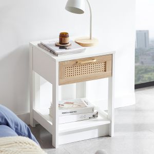 Mesa de cabeceira em rattan natural e branco com 1 gaveta 55x40x40cm