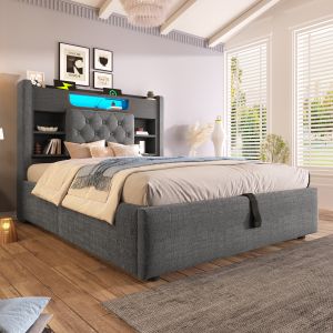 Cama estofada 90x200cm com LED e arrumação linho – cinzento