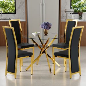 Conjunto mesa e 4 cadeiras de jantar vidro 88cm preto e dourado