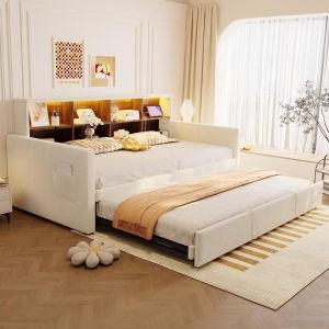 Sofá-cama extensível 90x190cm com LED, usb-c e arrumação bege